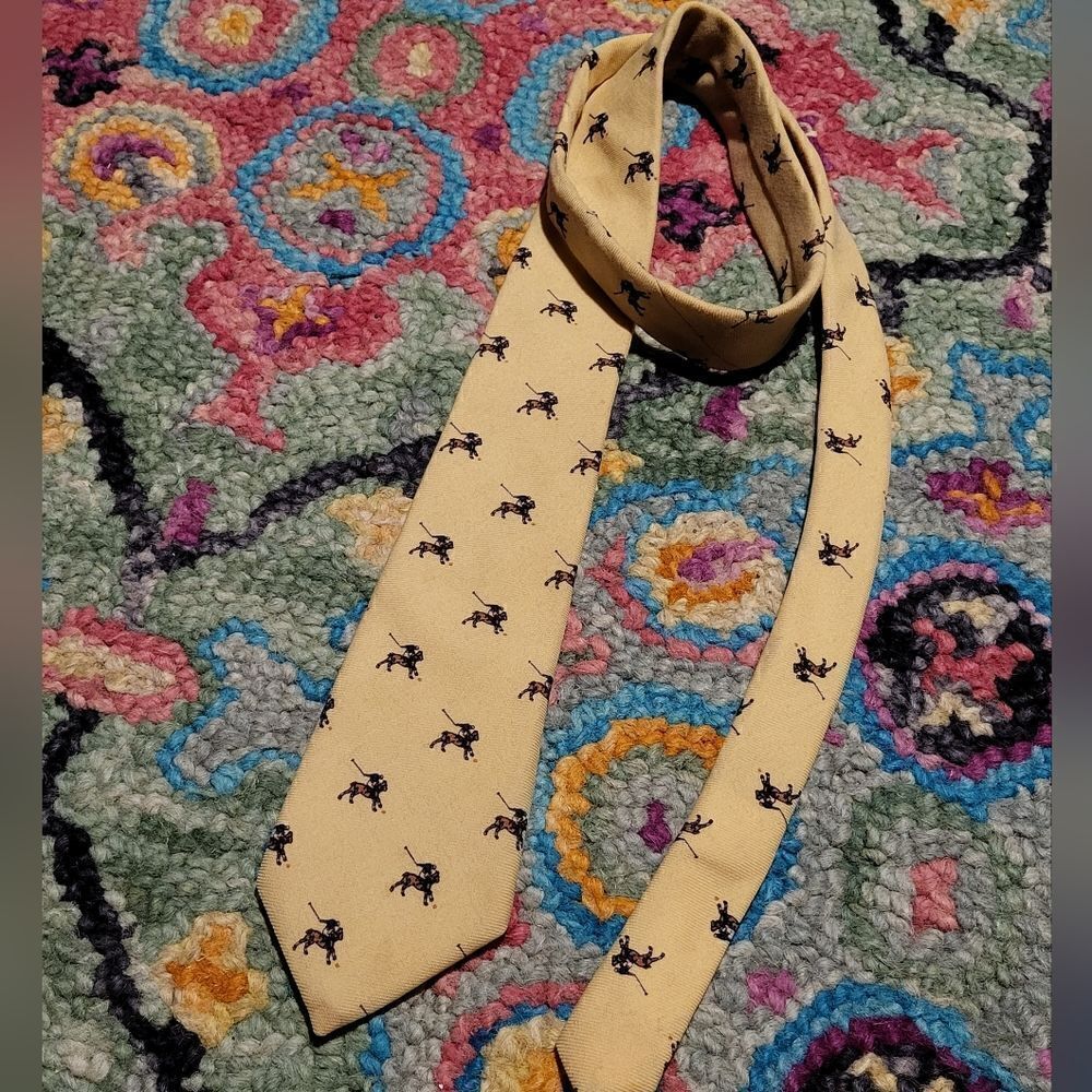 Vintage Giorgio Armani Polo Horse Print Neck Tie Wool Yellow
